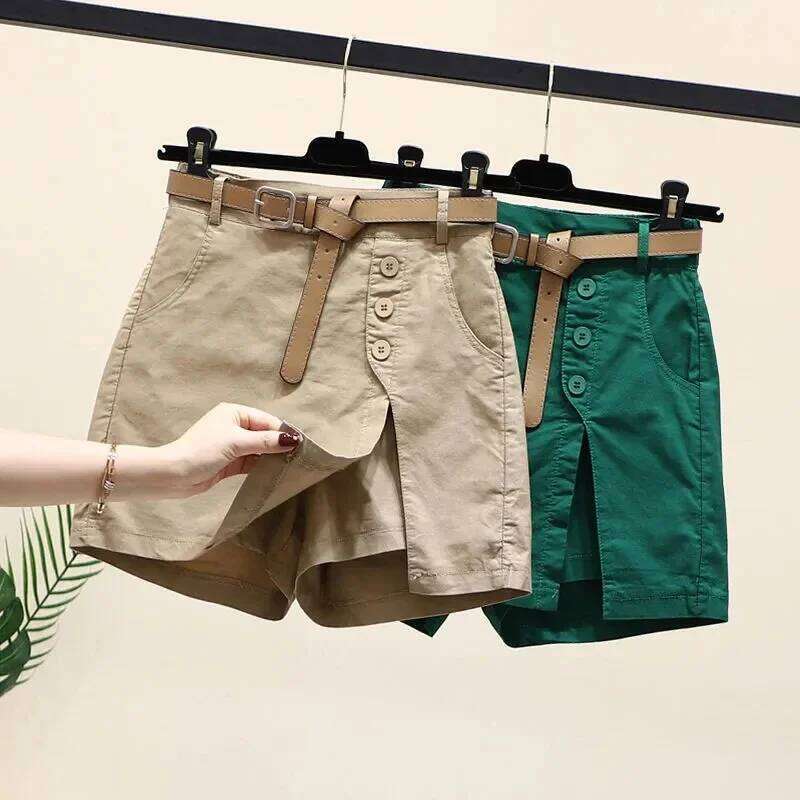 Shorts Women Belt Korean Solid Buttons Side Slit A-line Streetwear Fashion Skirts Chic Harajuku Summer Loose Pants XJ260305-image-1096303270