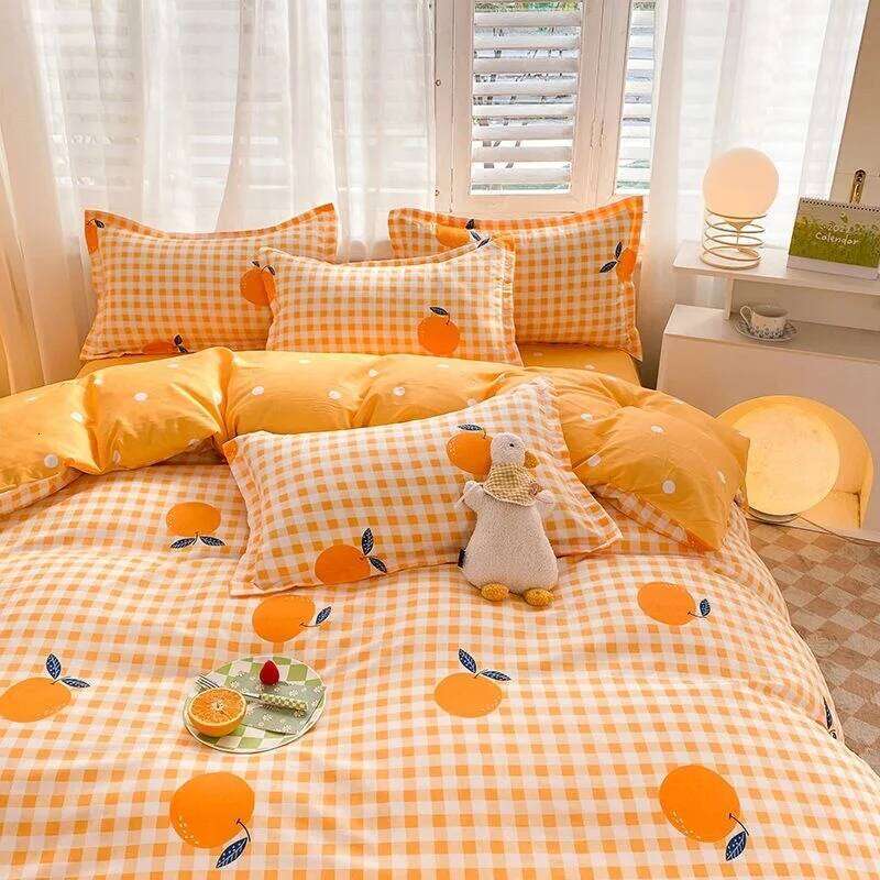 Ins Orange Checkerboard Duvet Cover Flat Sheet Pillowcases Twin Full Double Size Pink Blue Bedding Set Home Decor For Kids Adult C260304-image-1096261714
