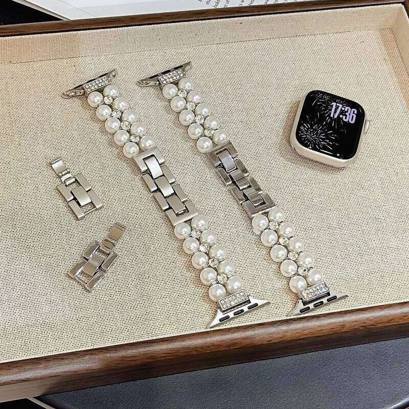 Pearl Beaded Bracelet Watch Band 49/46/45/44/42/41/40/38mm Women Chic Diamond Metal Wristband Strap for iWatch S10 9 8 H260304-image-1096265743