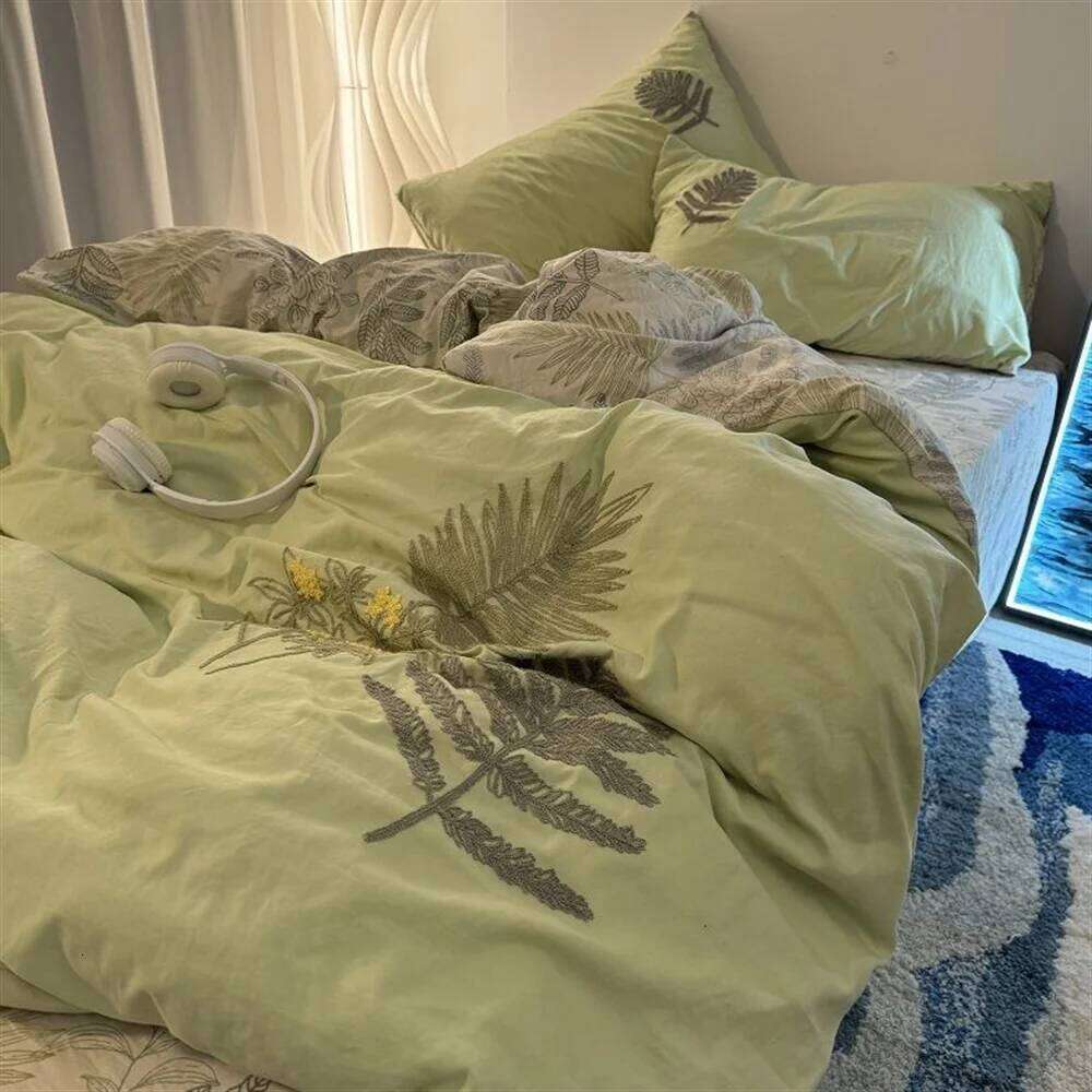 Countryside Forest Duvet Cover Green Leaf Embroidered Quilt Four Piece Clearance Style Small Fresh Bed Set C260304-image-1096263657