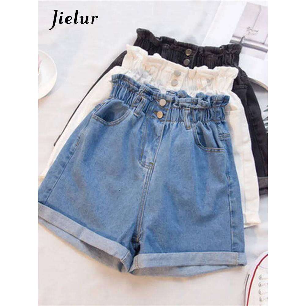 Jielur Summer Black Denim Women S-5XL Harem Ruffled White Blue High Waisted Shorts Female Elastic Short Jeans XJ260305-image-1096301432