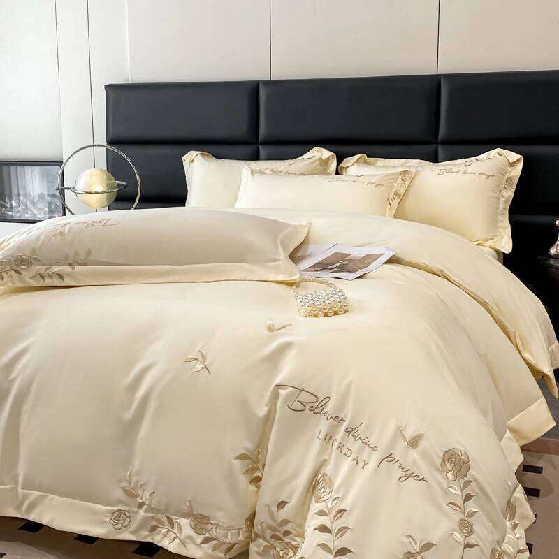 Golden Flowers Sea Embroidery Bedding Set Luxury Beige Cotton Duvet Cover Flat or Fitted Bed Sheet Pillowcases Solid Color C260304-image-1096263544