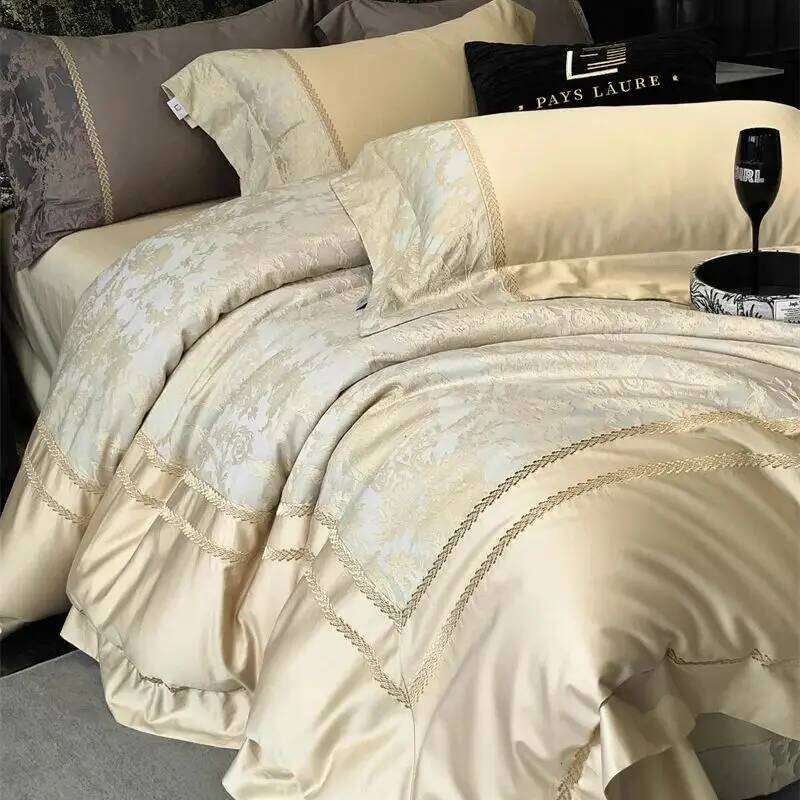 Champagne 1000TC Egyptian Cotton Yarn-dyed Jacquard Embroidery Luxury Bedding Duvet Cover Set Bed Sheet Pillowcases 4Pcs C260304-image-1096255617