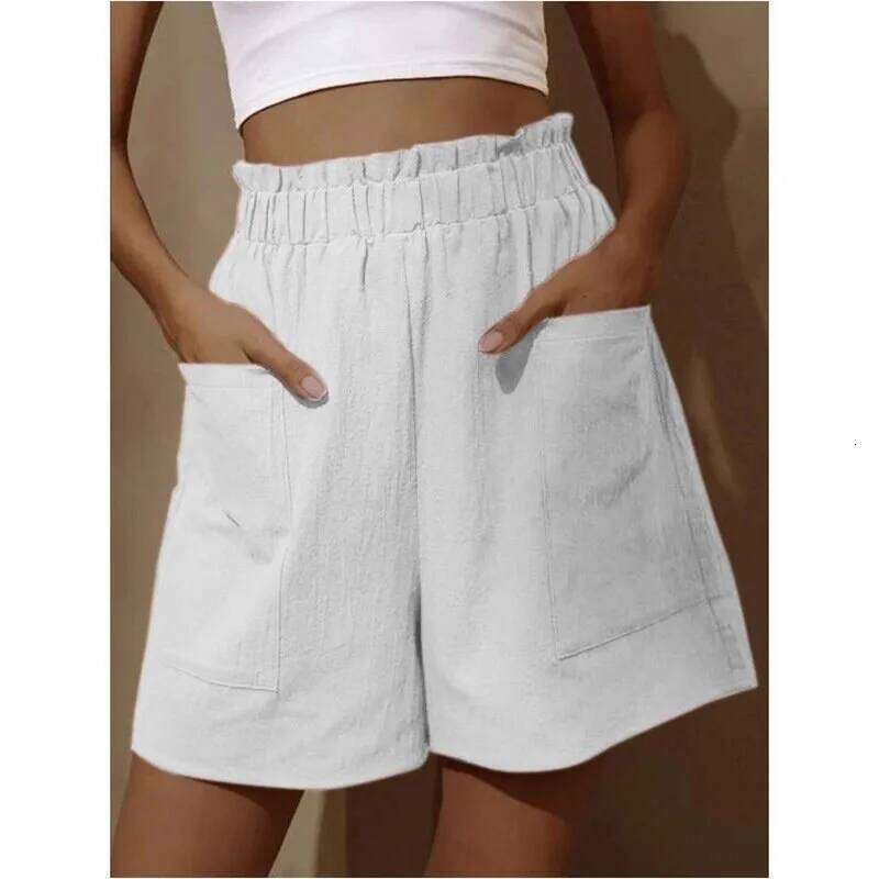 New Women's Shorts Cotton Hemp Blended High Waist Solid Color Casual Pocket Basic Fashion Summer Thin Pants XJ260305-image-1096303776