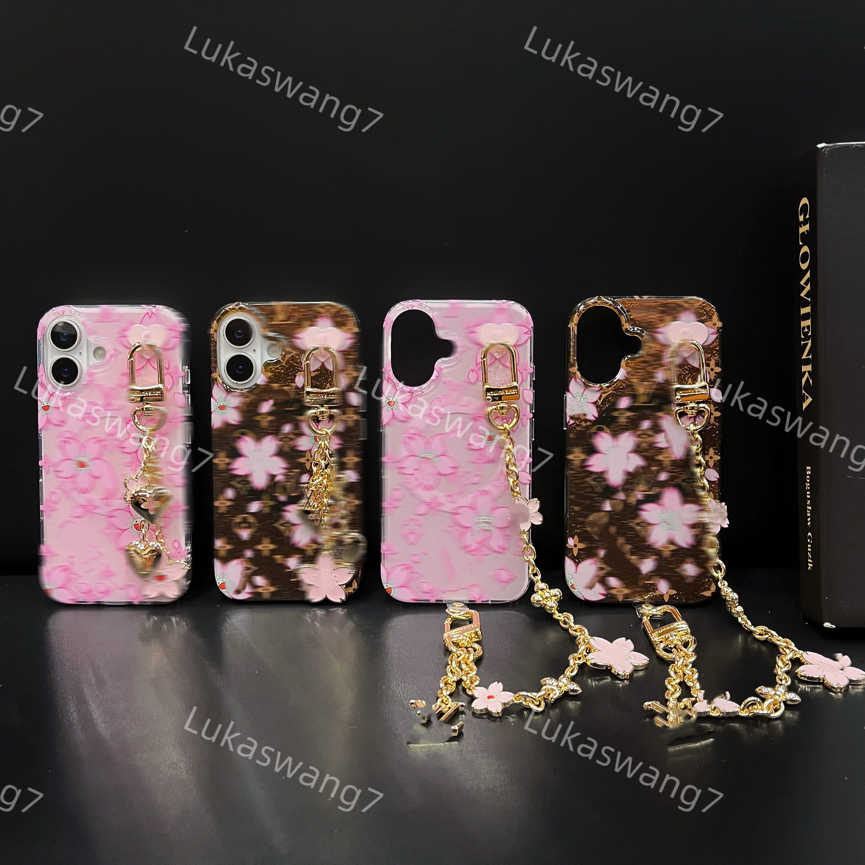 Luxury Designer Retro Brown Case Pink Cherry Blossom Floral Crossbody Chain Lanyard Cover for iPhone 15 14 13 Pro Max-image-1096372826