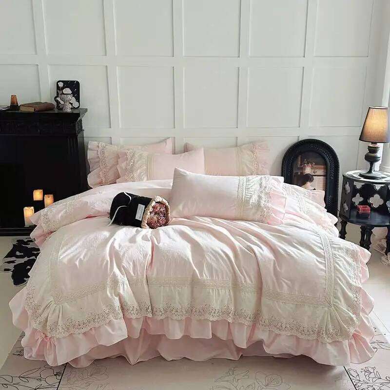 Pink Vintage Double Layer Lace Ruffles 100% Cotton Bedding Duvet Cover Set Bed Sheet/Bed Skirt/Fitted Sheet Pillowcases 4Pcs C260304-image-1096261608