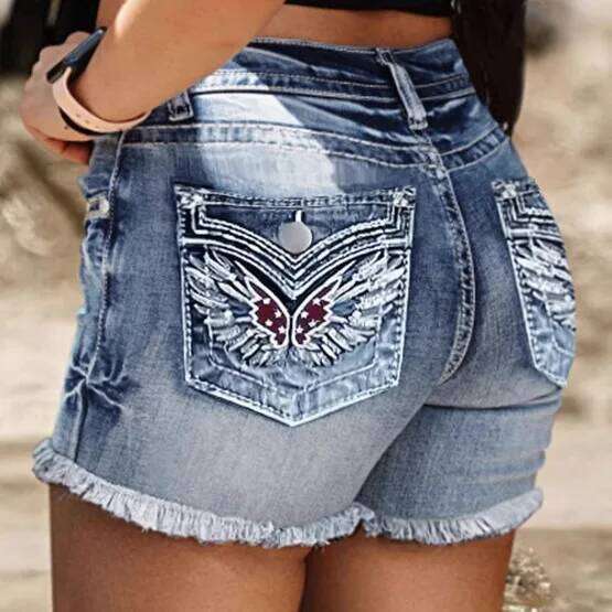 Fashionable Embroidered Design Denim Shorts. New Loose Straight-leg Fringed Shorts for European and American Women in Summer XJ260305-image-1096302691