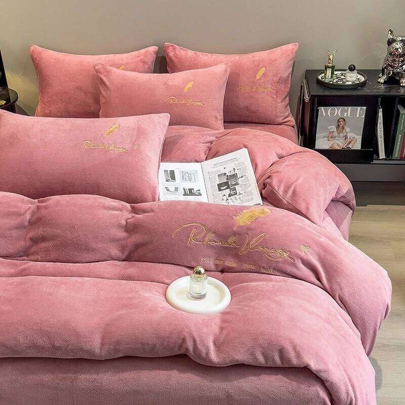 Coral milk four-piece set winter sheet thickened single cover dormitory crystal velvet embroidered bed C260304-image-1096261127