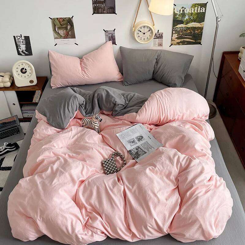 Simple Pink Grey Duvet Fashion Solid Color Bedding Set 3pcs Polyester Comforter Bedroom Quilt Cover 2 Pillowcases C260304-image-1096251305