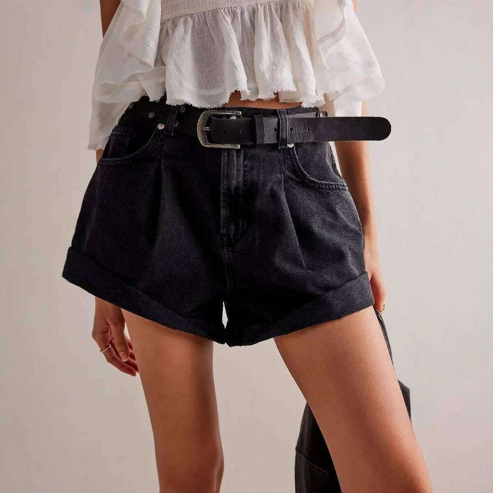 New High-quality Fashion Flip The Edge Denim Shorts.Women's Casual Washed High-waisted Short Jeans for Spring Summer. Spice Girl XJ260305-image-1096302854