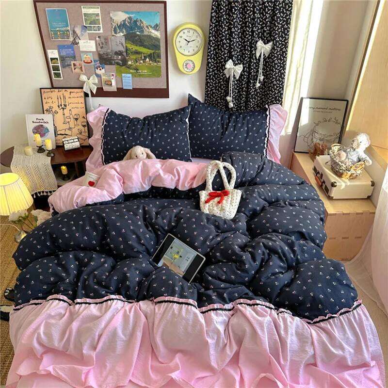 Korean Bedding Set Luxury Quilt Cover Pillowcase Flat Bed Sheet Girl Princess Ruffle Home Textile Christmas C260304-image-1096262011