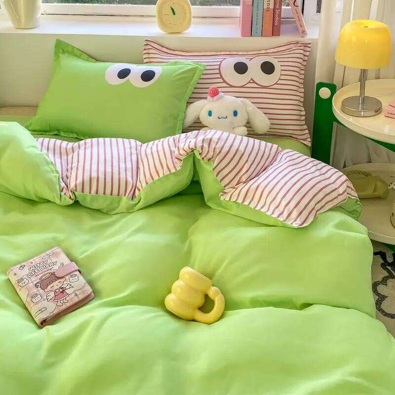 Cute Korean Style Duvet Cover Set No Filler Green Pink Mix Color Flat Sheet Pillowcases Polyester Twin Queen Size Bed Linens C260304-image-1096257305