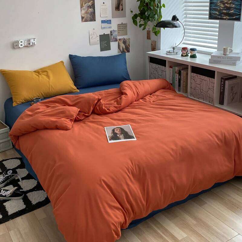 2025 new contrasting washed cotton four-piece student dormitory solid color bed sheet quilt cover three-piece set C260304-image-1096262960