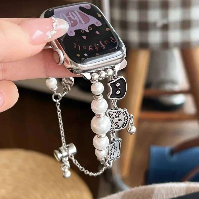 Bell Cat Pearl Pendant Compatible with iWatch 38mm 40mm 41mm 42mm 44mm 45mm 49mm Fashionable Handmade Strap H260304-image-1096266149