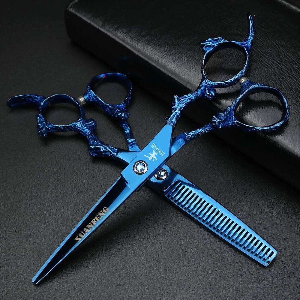 Blue Dragon Handle 6-inch Japanese 440C Steel Hair Scissors barber Cutting and thinning scissors H260304-image-1096263672