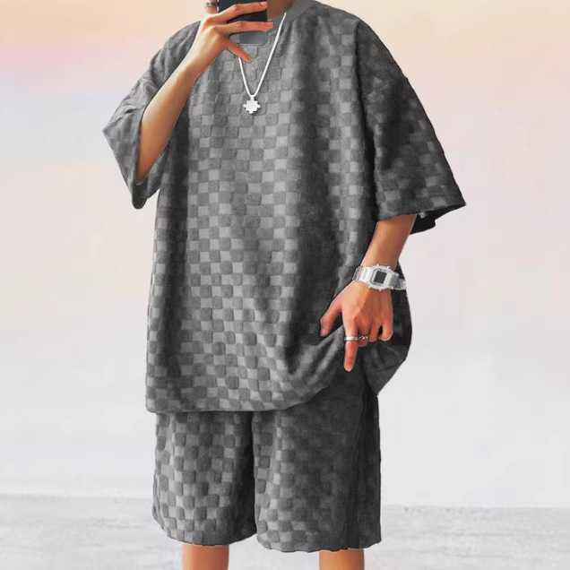 2026 Designer Luxury Brand Summer Men's Jacquard Checkered Short Sleeved T-shirt And Plus Size Straight Leg Casual Shorts Set Best-selling Cros