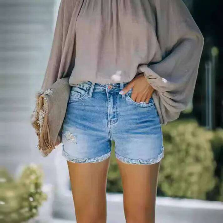 Shorts Women Casual Hole Denims Solid Slim Fit Distressed Washed Straight Short Pants Lady Spliced Jeans 2025 Streetwear XJ260305-image-1096301546