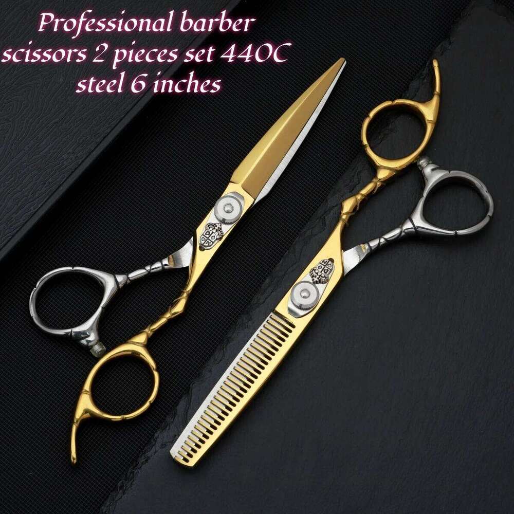 Professional Barber Scissors Set 440C Steel 6-inch Hair Cutting Thinning Shears 2-Piece Kit for Home Haircuts And Salons H260304-image-1096263613