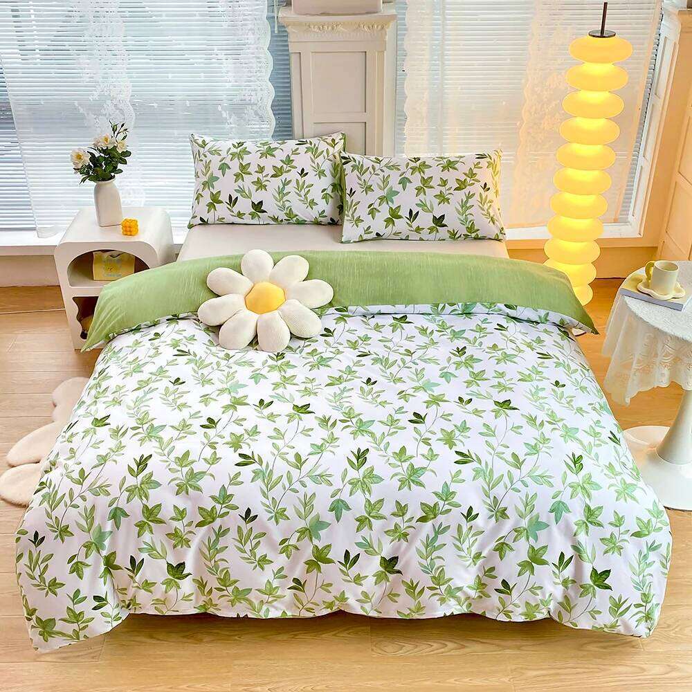 2/3pcs Green Flower Print Duvet with Pillow Case Nordic Comforter Bedding Set Quilt Cover Queen/King Double Bed C260304-image-1096262055