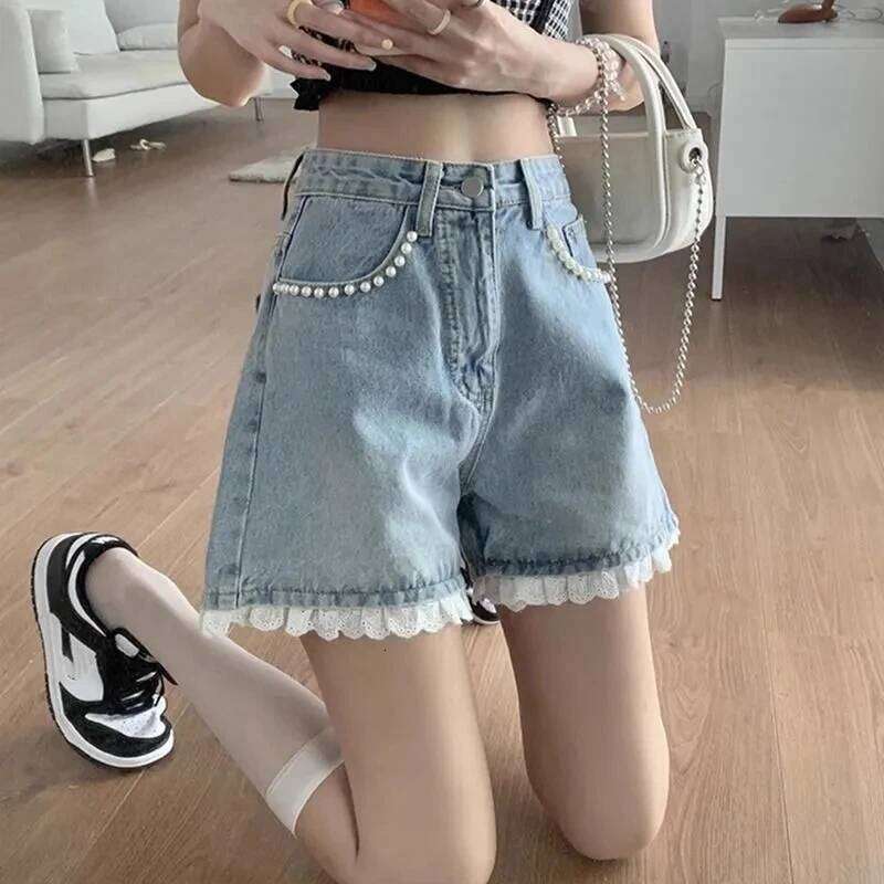Summer Lace Trimmed Patchwork Women's Denim Short Pants 2025 High Waist Casual Loose thin Jeans Wide Leg Shorts Retro for Women XJ260305-image-1096301395