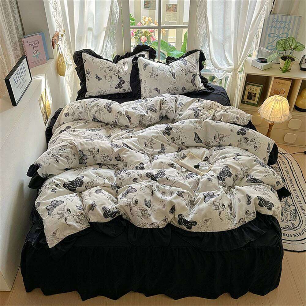 Butterfly Duvet Home Decoration Comforter Cover with Pillowcase Bed Skirt Style Four Piece Sets Student Bedding Set C260304-image-1096260170