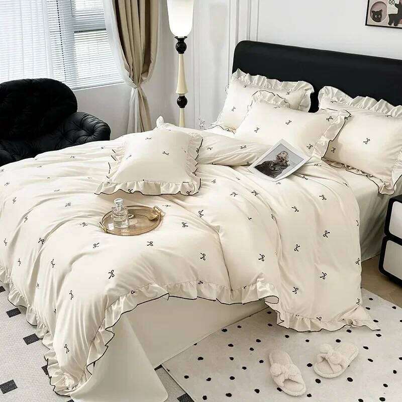 Sweet Rayon Silk Bow Printed Bedding Set Fashion Skin-Friendly Comforter Sets for Summer Single Double Bed Quilt Cover Kit C260304-image-1096258392