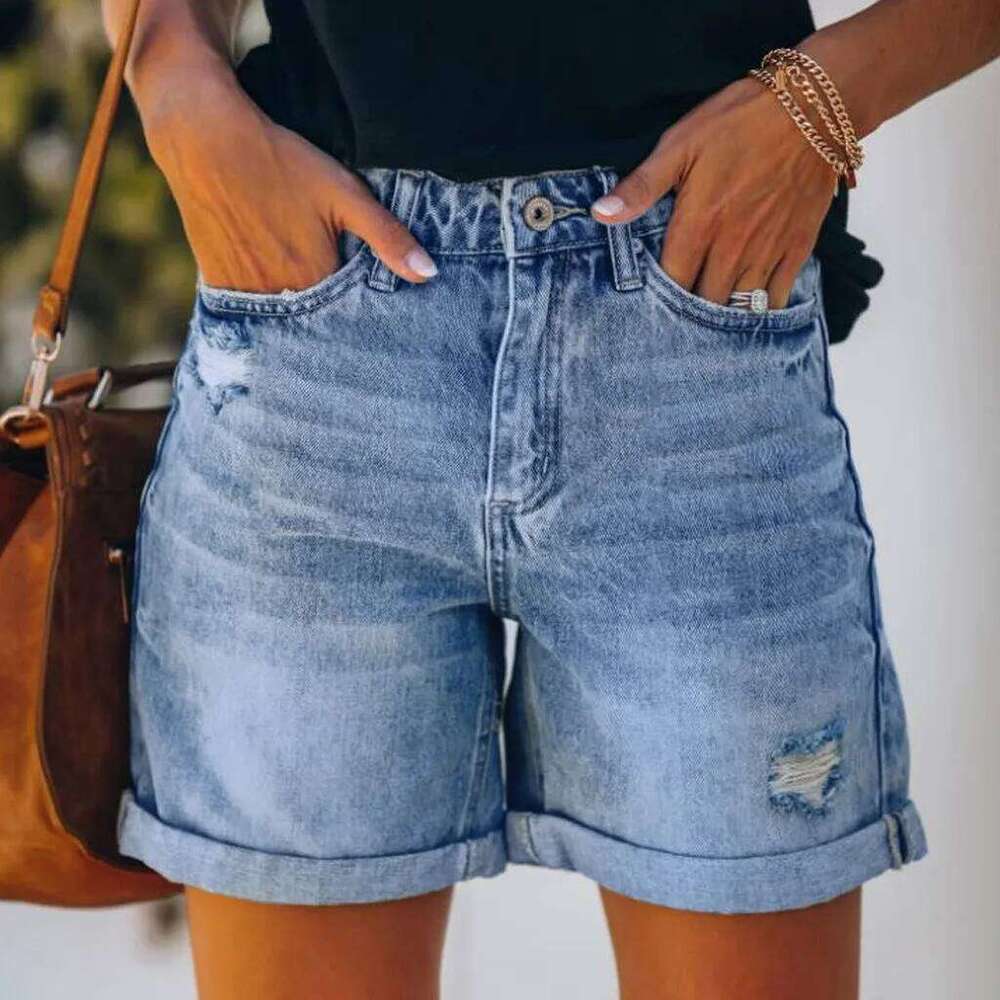Short Jeans Women Vintage Hole Shorts Washed Distressed Pockets High Waist Streetwear 2025 Female Summer Denims Straight Pants XJ260305-image-1096301602