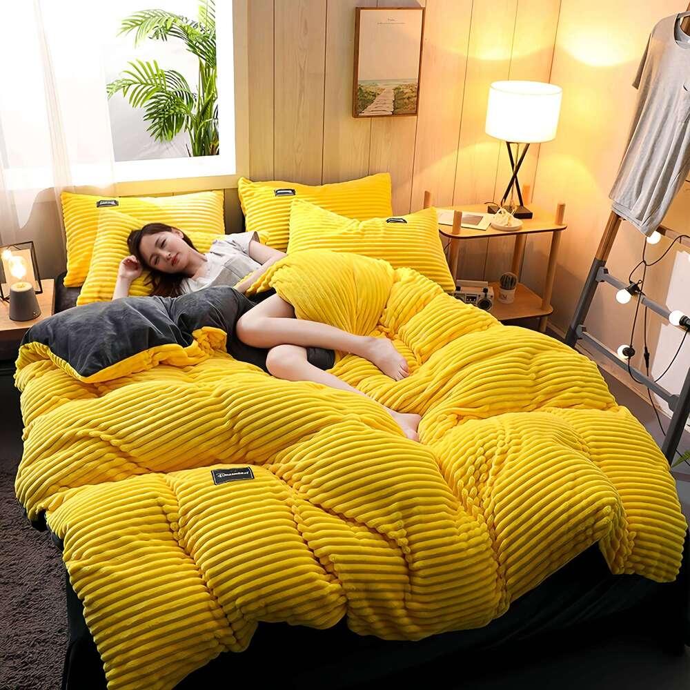 Yellow Color Velvet Duvet Winter Warmth Thick Bedding Set Double Quilt Twin Queen King Comforter Cover 200230cm C260304-image-1096262853
