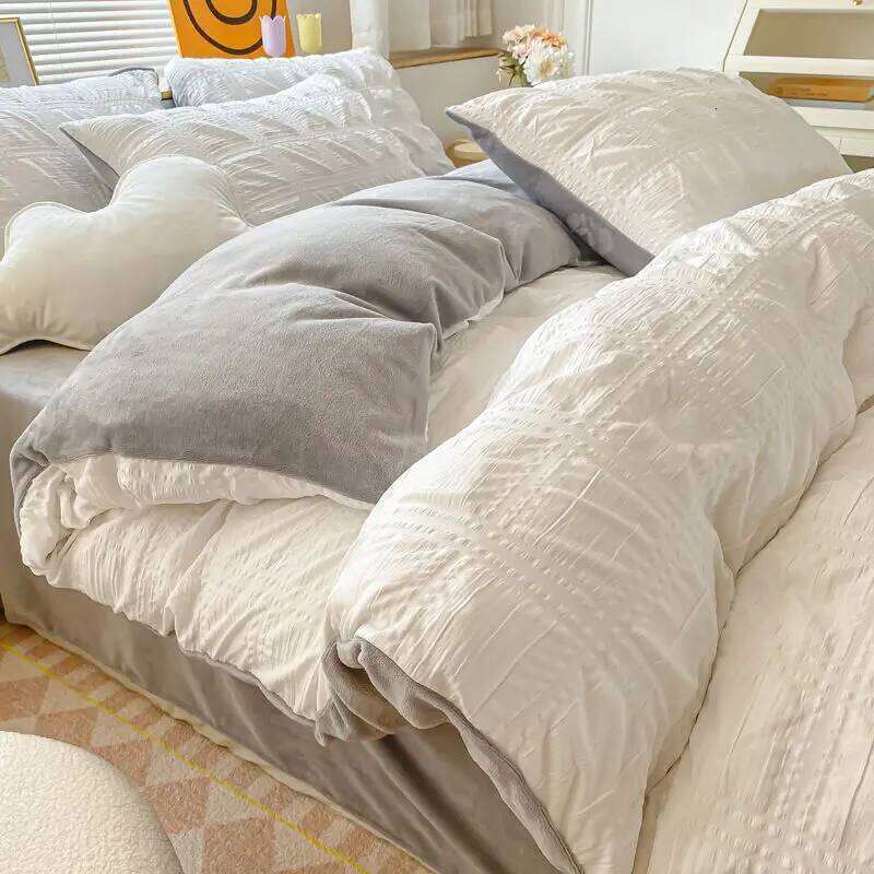 Simple Bubble Style Ab Single Quilt Bedding Four-piece Set Coral Mattress Cover Milk Fleece Bed Sheet C260304-image-1096255120