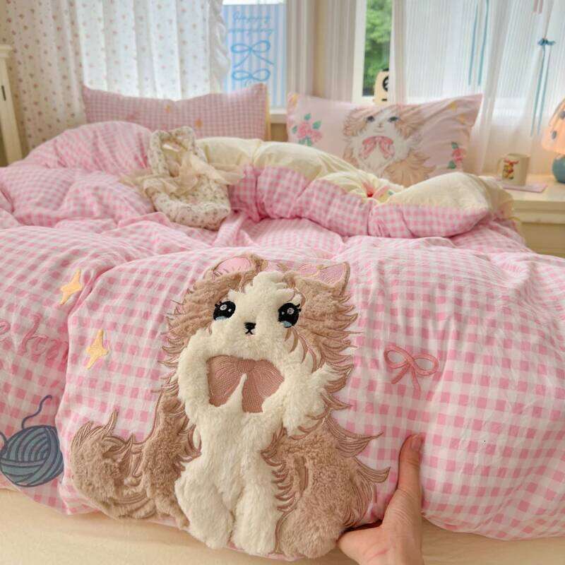 Cute Pink Cartoon Cat Bow Towel Embroidery Girls Kids Bedding Set Washed Cotton Soft Duvet Covers Bed Sheet Pillowcases 3/4Pcs C260304-image-1096263631