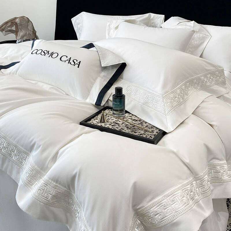 100% Egyptian Cotton White Luxury Embroidery Hotel Style Bedding Duvet Cover Set Flat/Fitted Bed Sheet Pillowcases 4Pcs C260304-image-1096263382