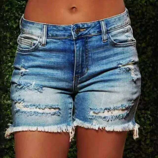 Denim Shorts Women Vintage Jeans Midi Waist Washed Distressed Pockets Short Pant Solid Spliced Casual Sporty 2025 Summer XJ260305-image-1096301456