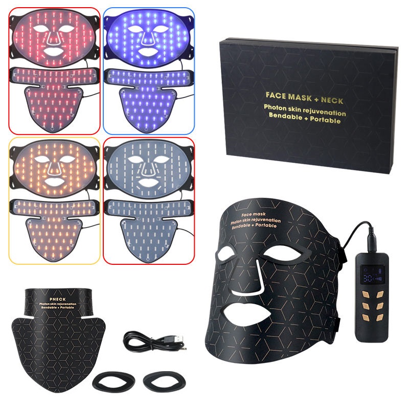 Led Red Light Therapy Facial Mask with Neck 4 Colors Silicone Infrared Light Therapy Face Mask for Skin Care Face Anti-aging