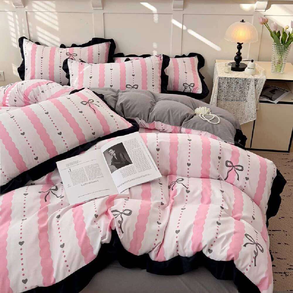 French New Class A Bed Four-piece Comforter Washed Cotton Four-season Skin Friendly Quilt Cover Three-piece Bedding Set C260304-image-1096263533