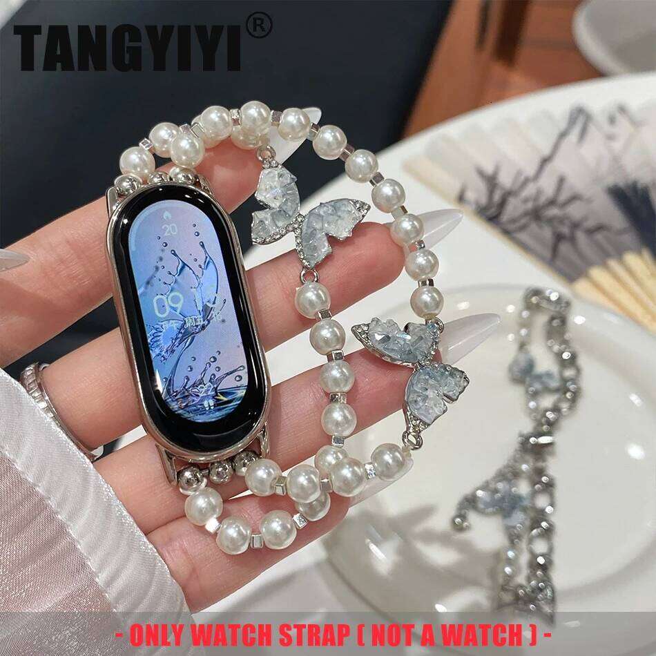 Fashion Crystal Glass Butterfly Pearl Strap For Mi Band 10 Pro Miband 8 9 7 6 5 Wristband Metal Dual Link Bracelet H260304-image-1096265769