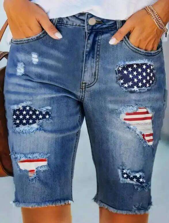 Slim Fit Women's Denim Shorts Summer New Style Fashionable Splicing Perforated and Brushed Design Low Waist Five Quarter Jeans XJ260305-image-1096300649