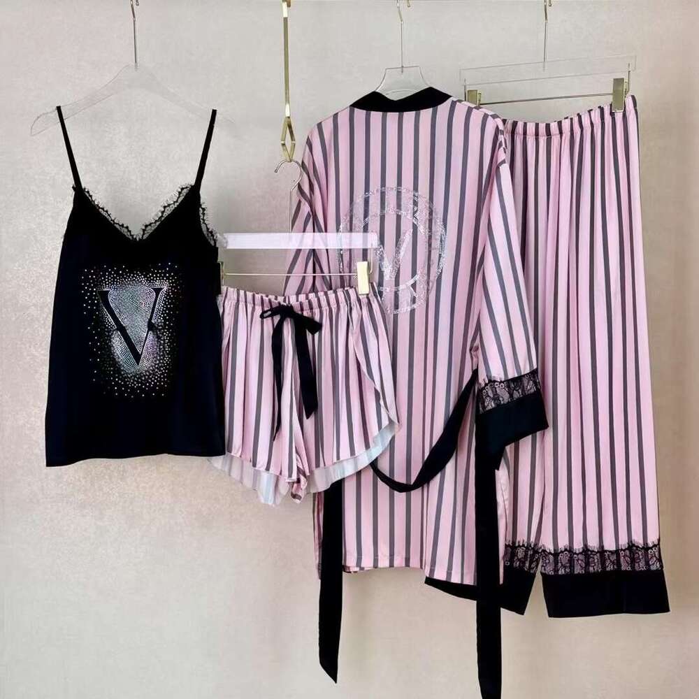 victoriasecret pijama set with Logo Victoriasecret femme vêtements de nuit dentelle florale garniture Satin pyjamas ensemble avec Robe soie Pijam