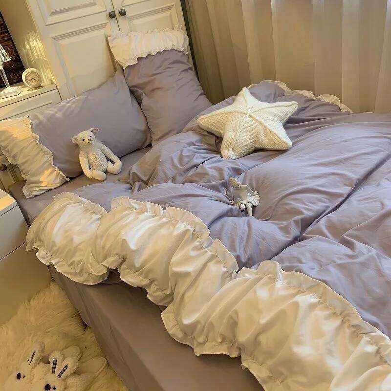Korea Princess Purple Bedding Sets Bed Pillowcases Duvet Cover 3/4 Pieces Home Decoration Washed Cotton Flat Sheet Set C260304-image-1096256935