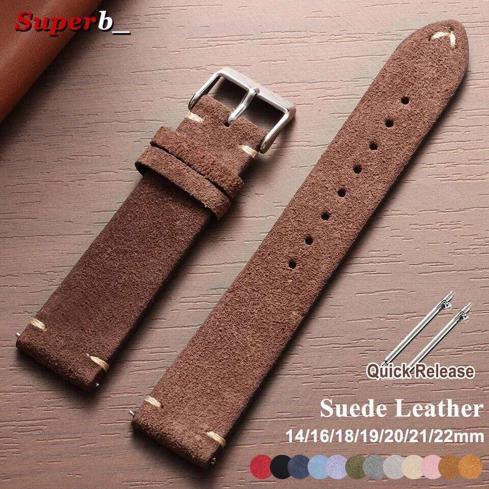 Vintage Suede Leather Watch Strap Quick Release Calfskin Watchband 14/16/18/19/20/21/22mm Replacement Wrist Band with Pin Buckle H260304-image-1096266163