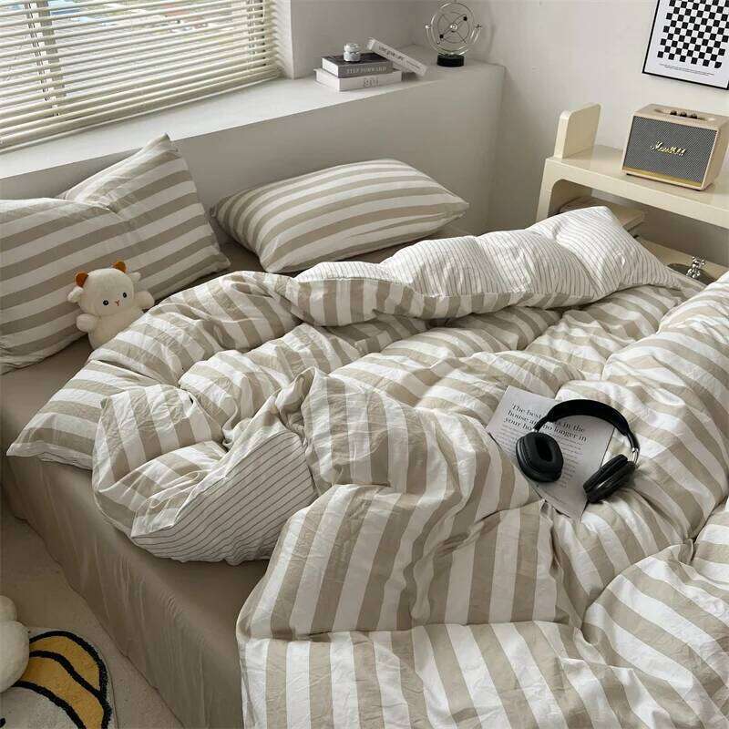 Washed Cotton Striped Style Bedding with Duvet Cover Pillowcase Skin-friendly Ultra Soft Bed Sheet Set 200x230 220x240 C260304-image-1096263498