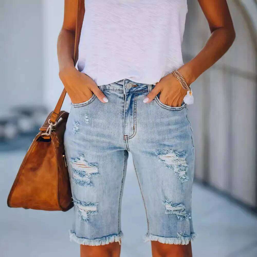 Commuting Mid-length Straight Leg Jeans. New Summer Fashion Washed Ripped Casual Tassel Design Mid-waist Short Jeans for Women XJ260305-image-1096302932