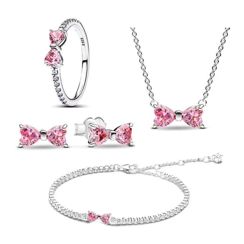 S925 silver plated bowknot designer choker necklace earrings bracelet ring jewelry set sparkling pink crystal charm elegant bow knot necklaces brace