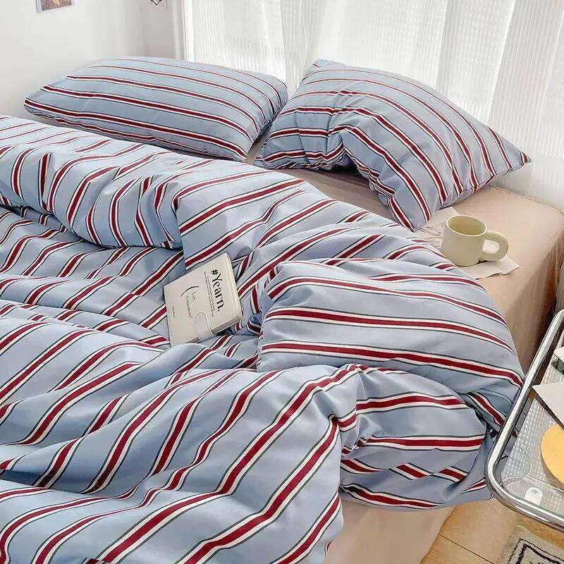 Simple Style Red And Blue Strip Duvet Cover Bed Sheet Washed Cotton Bedding Set C260304-image-1096262201