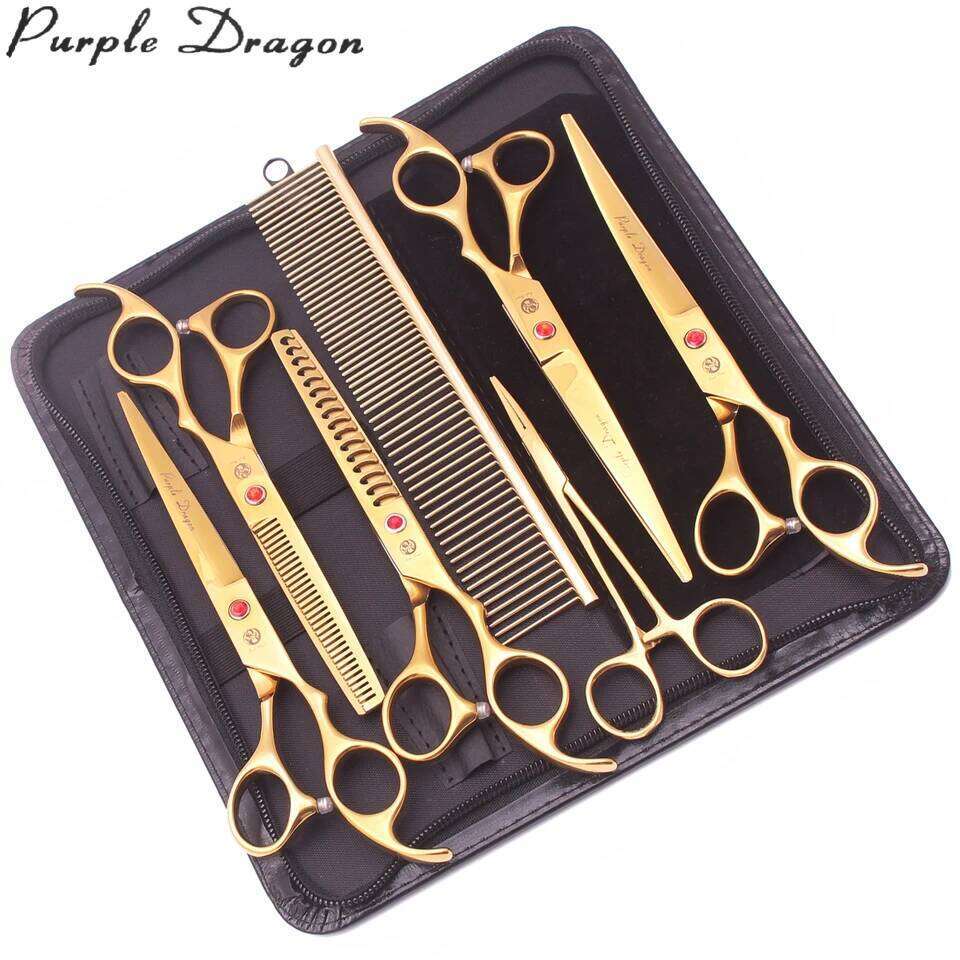 Purple Dragon Pet 7'' Stainless Dog Groomming Scissors Kit Straight Thinning Chunker Curved Shears Z3003 H260304-image-1096263607