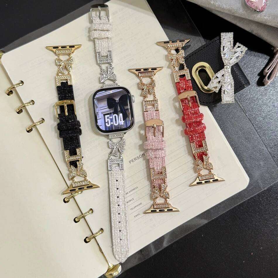 Bowknot Diamond Splicing PU Leather Bracelet For Watch Band S11/10/9/8/7/6/5/Ultra iWatch Strap 49/46/45/44/42/41/40/38mm H260304-image-1096265761