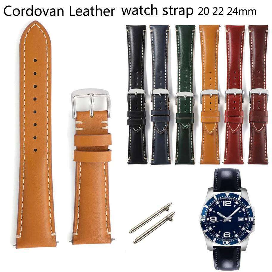 Genuine Cordovan Leather Strap 20mm 22mm 24mm Universal Replacement Wrist Watch Band Quick Release Pin Buckle Bracelet H260304-image-1096266115