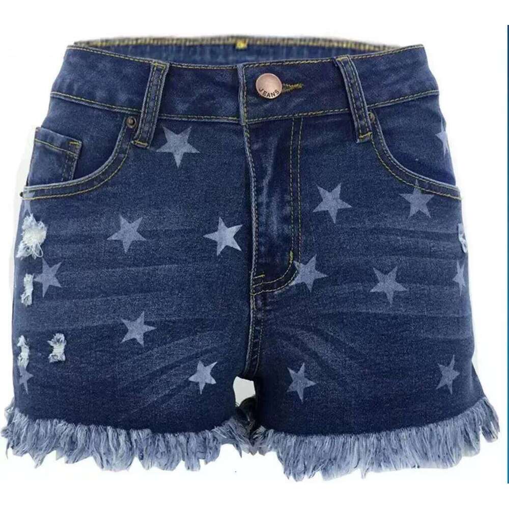 Street Fashion Prints High-waisted Denim Shorts. Women's Casual Short Jeans with Five-pointed Star Pattern Tassels in Summer XJ260305-image-1096302369