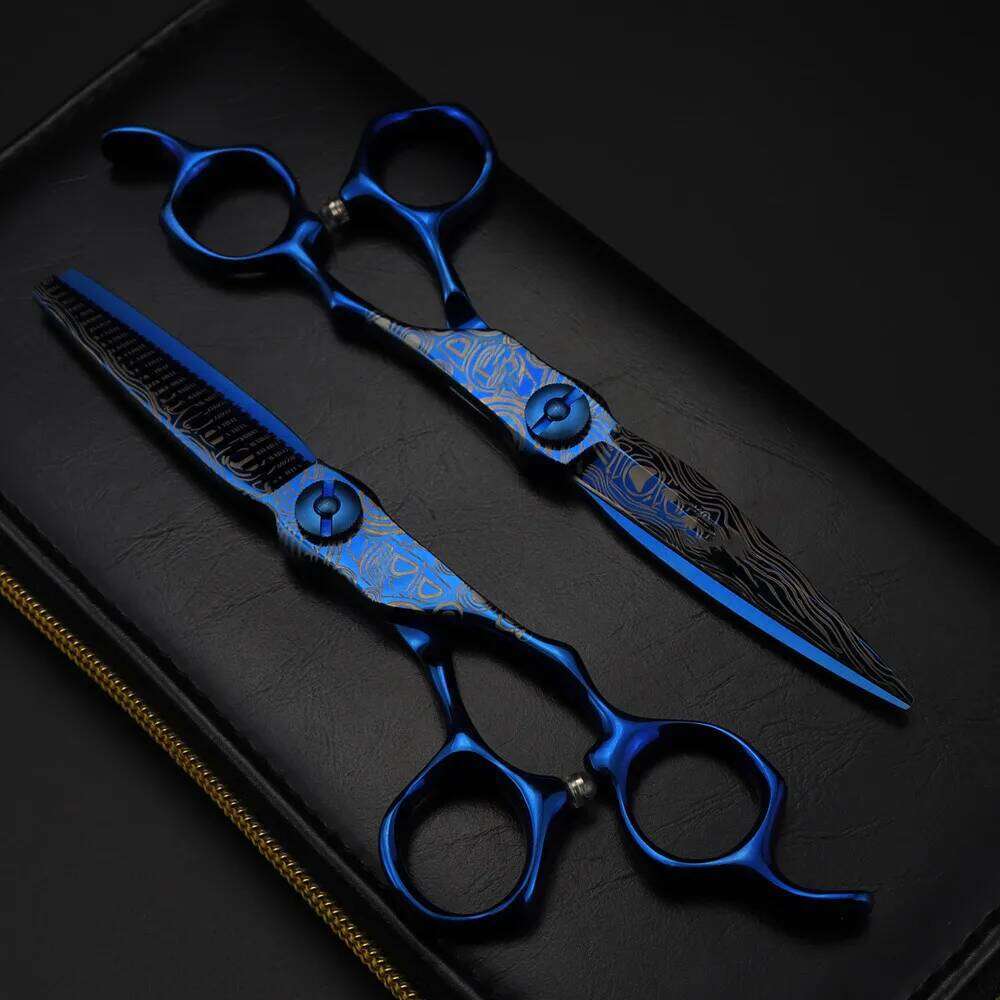 Professional 6 '' Upscale scissor Blue Damascus hair haircut thinning barber tools cutting shears Hairdressing scissors H260304-image-1096263708
