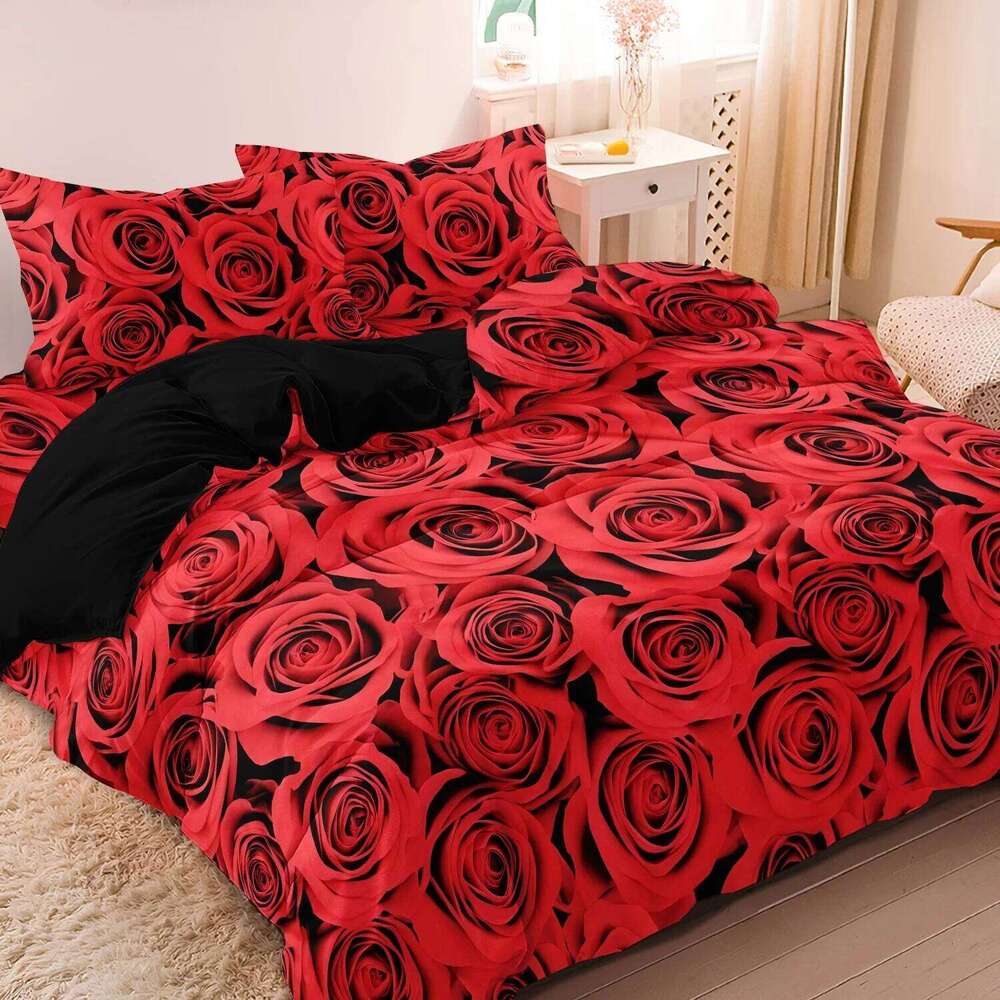 3pcs Valentine'S Rose Sea Comforter Cover Set - Vibrant Red Roses Pattern Bedding with Zipper Closure, Valentine's Day Gift C260304-image-1096250484