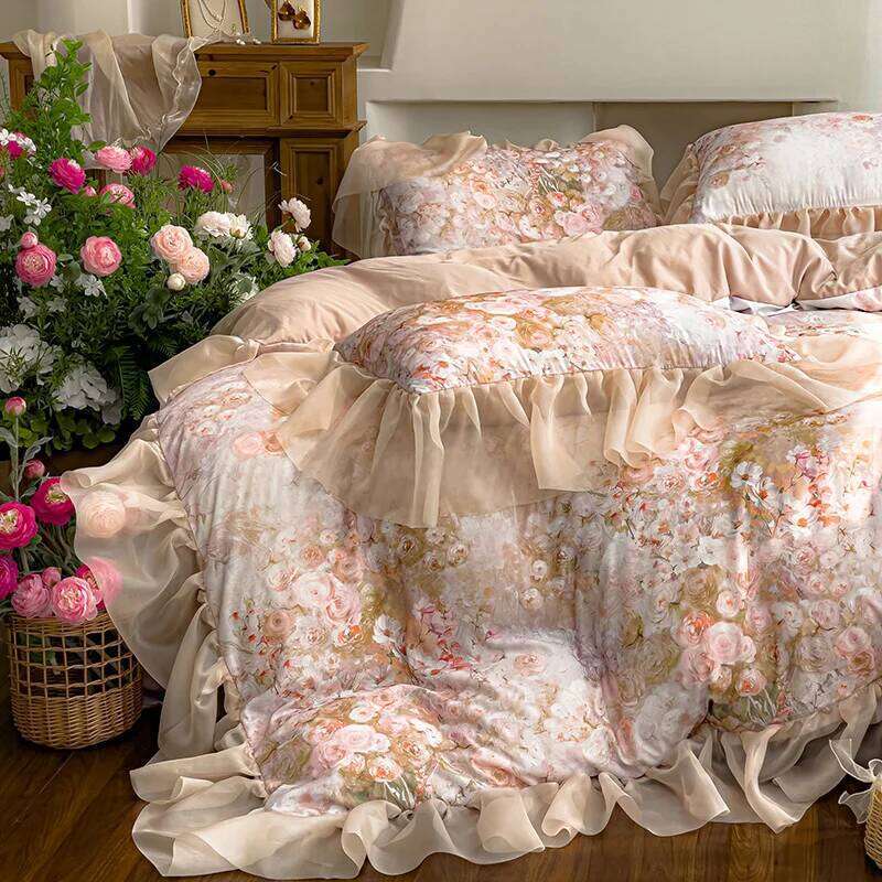 Flower Printed Duvet Sets with Ruffles Queen/King Quilt Cover Silky housse de couette Princess Style funda nordica 220x240 C260304-image-1096263040